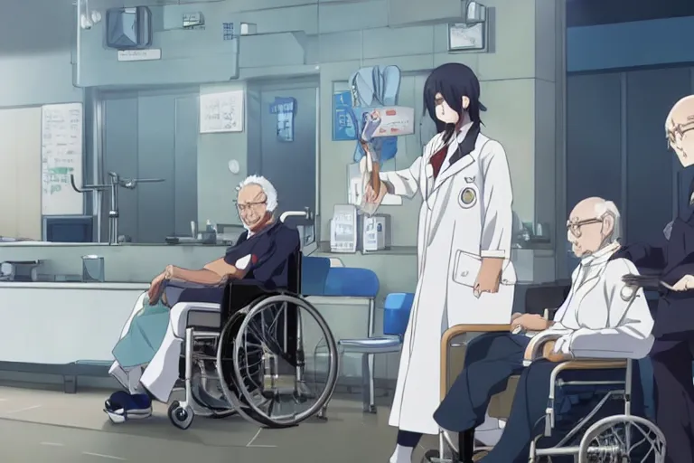 Image similar to a cute young female doctor wearing white coat are serving an old man in a wheelchair in a hospital ward, slice of life anime, cinematic, anime scenery by Makoto shinkai