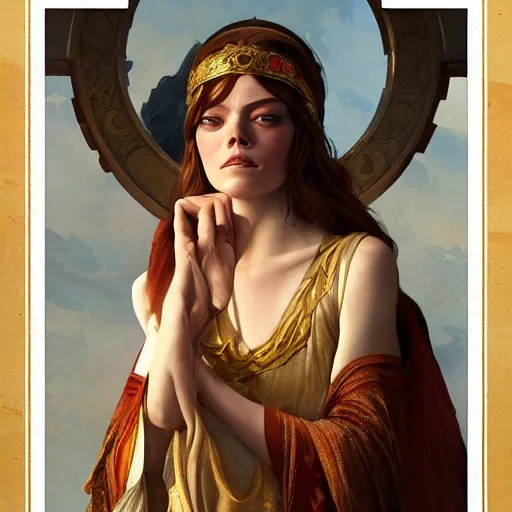 Image similar to Emma Stone as a Greek goddes, gorgeous, amazing, muscular, intricate, highly detailed, digital painting, artstation, concept art, sharp focus, illustration, art by greg rutkowski and alphonse mucha