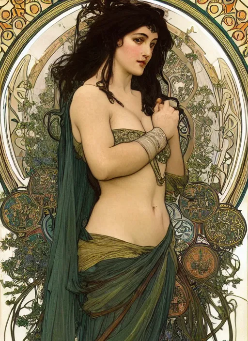 Prompt: a beautiful painting of monica bellucci by alphonse mucha and rebecca guay and john william waterhouse, art noveau, neo-classical, trending on artstation