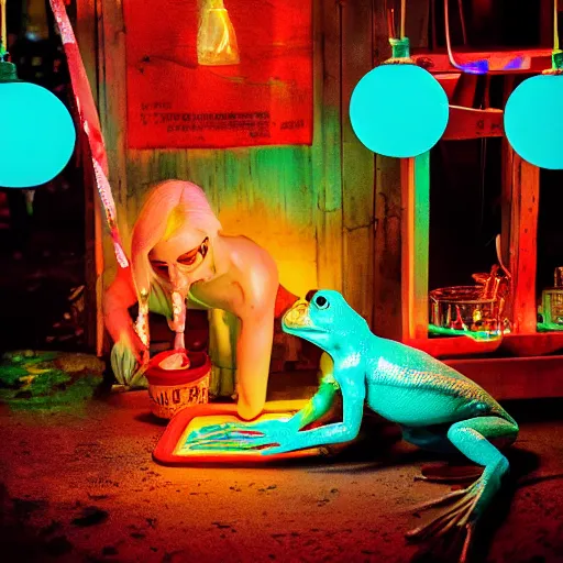 Image similar to cinematic photo of a beautiful albino frog woman lit with split colour turquoise and orange lighting buying lemonade from a childrens lemonade stand in suburbia