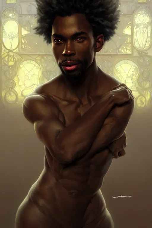 Image similar to clear portrait of a black attractive men, cottagecore!!, background hyper detailed, character concept, full body, dynamic pose, glowing lights!! intricate, elegant, highly detailed, digital painting, artstation, concept art, smooth, sharp focus, illustration, art by artgerm and greg rutkowski and alphonse mucha