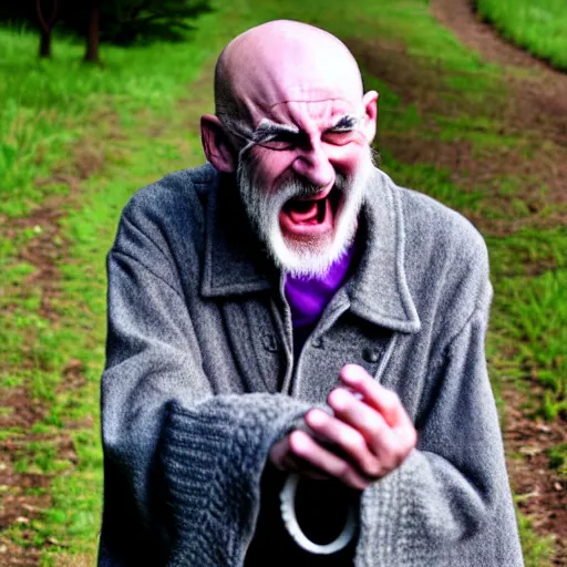 Image similar to an old bald mad wizard with bushy grey eyebrows, long grey hair and wearing a grey wizard hat, disheveled, wise old man, wearing a purple detailed coat, a bushy grey beard, sorcerer, he is yelling and laughing