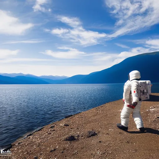 Image similar to an astronaut standing in the water of Lake Baikal and looking at the mountains. Photo by professional. Nikkor