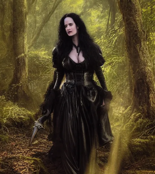 Image similar to 5 5 mm close up portrait photo of eva green as yennefer of vengerberg in black leather armor and long black fluff hair, in a forest. magical atmosphere. art by greg rutkowski. lifelike. very detailed 8 k. intricate. soft light. nikon d 8 5 0.