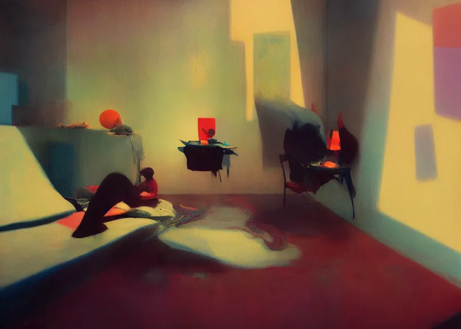 Prompt: a painting of dreaming in the void empty desires rooms amongst piles, light from the window casting dreams, style of edward hopper, contrast of light and shadow, stockings, photography by todd hido, peter mohrbacher, eerie vibrating color palette of mark rothko, peter doig