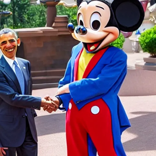 Prompt: obama shaking hands with smiling alien at disneyland