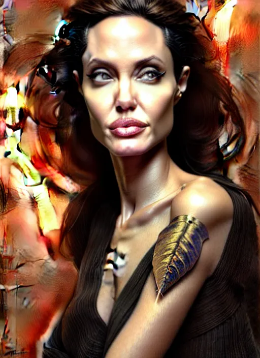 Image similar to portrait of angelina jolie, volumetric lights, feast, music notes, art nouveau botanicals, gothic, intricate, highly detailed, digital painting, artstation, concept art, smooth, sharp focus, symmetric face, illustration, steampunk, art by artgerm and greg rutkowski and alphonse mucha