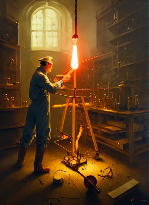 Image similar to scientist performing a explosive experiment by otto dix and greg rutkowski and andreas rocha, cinematic lighting, highly detailed, warm colours, 8 k