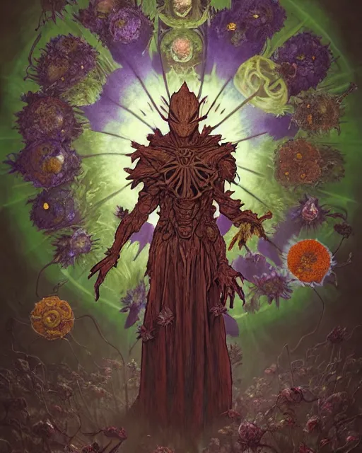 Image similar to the platonic ideal of flowers, rotting, insects and praying of cletus kasady carnage thanos davinci nazgul wild hunt chtulu mandala ponyo botw bioshock, d & d, fantasy, ego death, decay, dmt, psilocybin, concept art by randy vargas and greg rutkowski and ruan jia and alphonse mucha