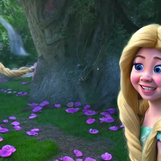 Image similar to Jennette McCurdy as Rapunzel in disney tangled live action, 8k full HD photo, cinematic lighting, anatomically correct, oscar award winning, action filled, correct eye placement,