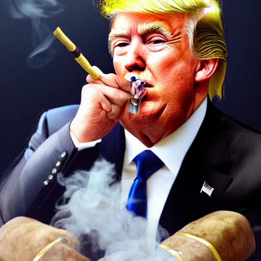 Image similar to a high detail photo of donald trump smoking a cigarrette, subject= donald trump, subject detail: extremly detailed, subject action: smoking a cigar, photorealism, dramatic lighting, award winning photograph, trending on artstation