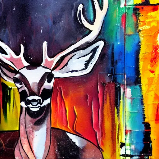 Image similar to deer smoking a cigarette, stylized, artistic, expressive, contrasting colors, rule of thirds, dripping paint, thick strokes