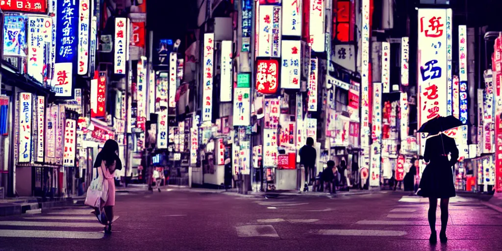 Image similar to A japanese girl holding an umbrella in the neon-lit streets of Osaka at night. Award winning photo