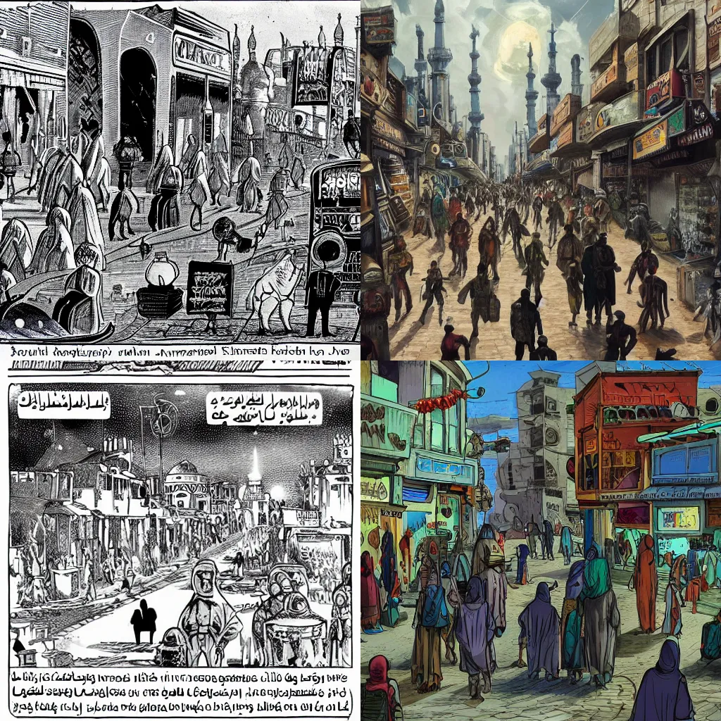 Prompt: alien planet with islamic culture with busy merchant filled streets where souless shadow creatures patrol the masses