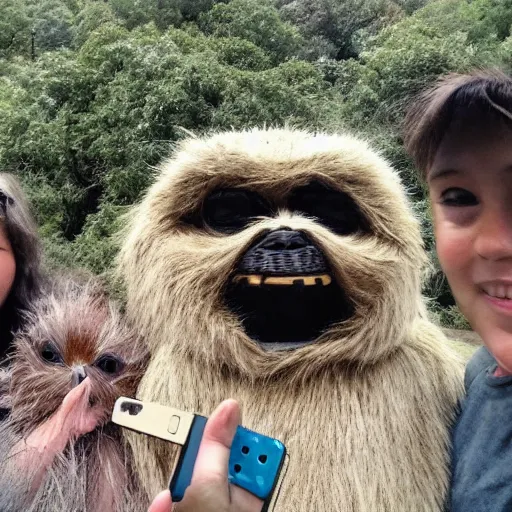 Image similar to Ewok family taking selfie at the gates of Mordor