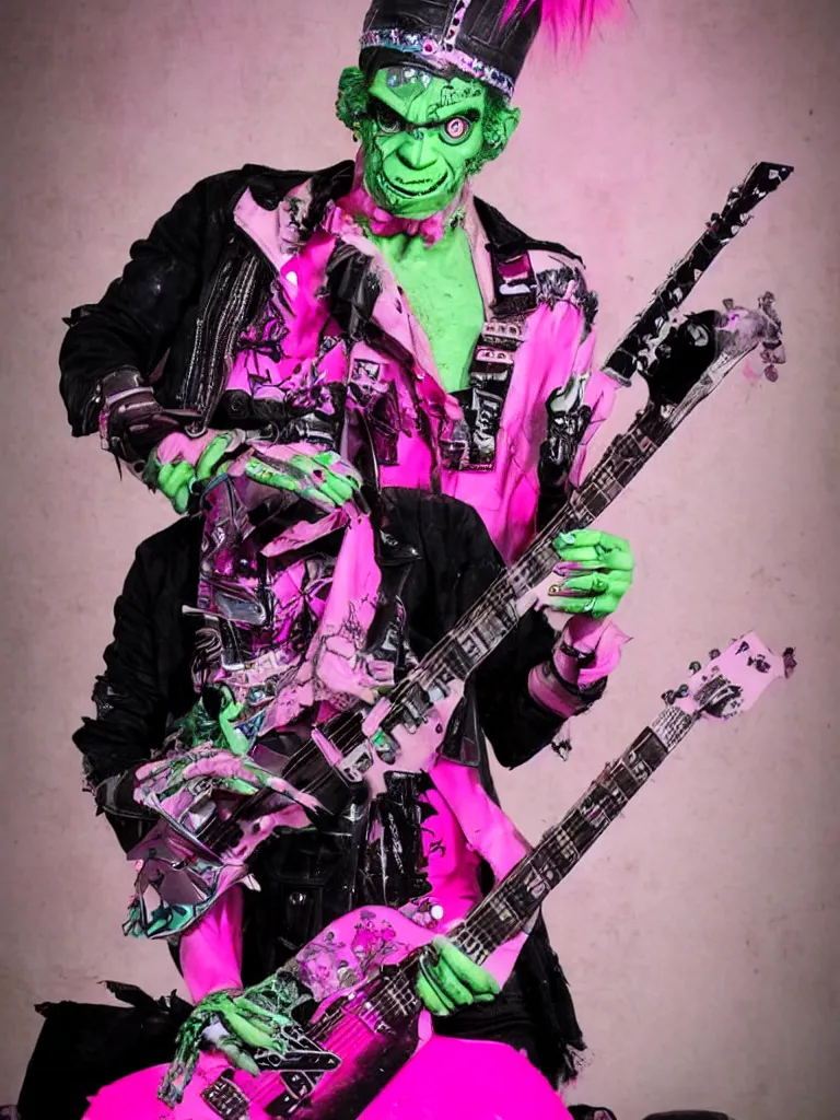 Image similar to a singular Punk rock Frankenstein with a pink mohawk playing guitar