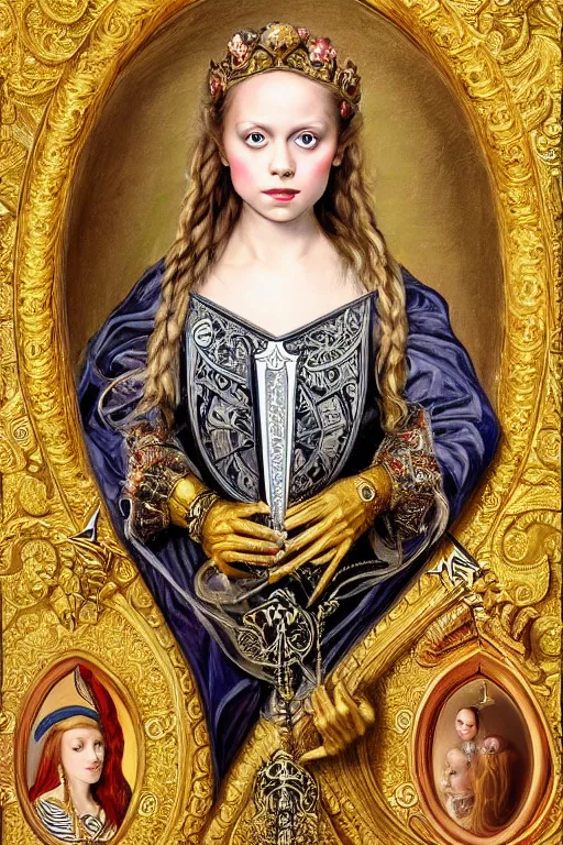 Image similar to hyper realistic painting portrait of the princess of swords, occult diagram, elaborate details, rococo, baroque, gothic, intrincate ornaments, gold decoration, caligraphy, occult art, illuminated manuscript, oil painting, art noveau