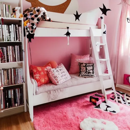 Prompt: a pink and gold bedroom with halloween themed christmas decorations, loft bed, books, throw rug, cushions, gamer, relaxing, real life, high resolution, kawaii