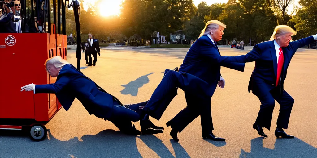 Image similar to Donald trump falls off of a trolly, caught in 4K, golden hour