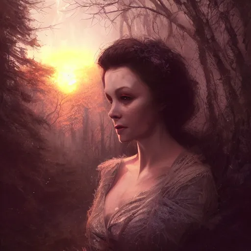 Image similar to a closeup portrait of vivian leigh, magical forest background, gorgeous view, sunset, film noir, depth, by seb mckinnon, by greg rutkowski, by igor kieryluk, digital art, trending on artstation