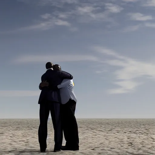 Prompt: Walter White hugging Barak Obama on the beach, artistic, 8k, dramatic lighting