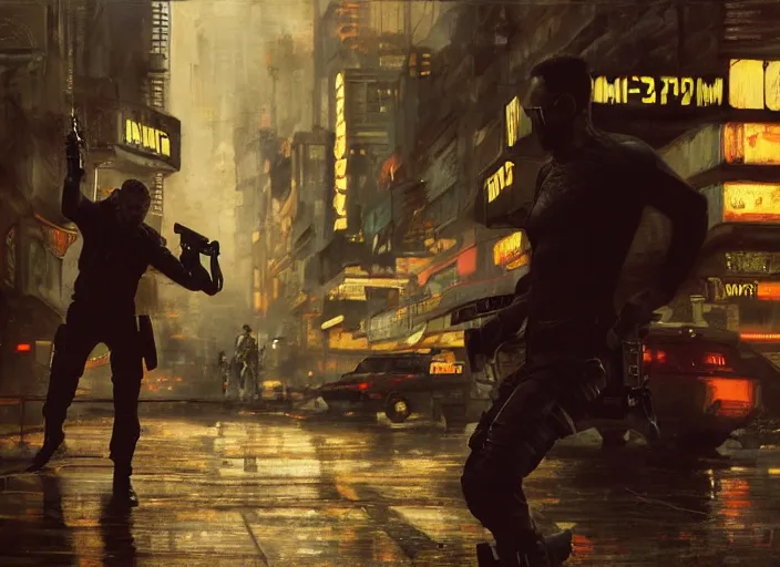 Prompt: sam fisher evading mercs ( blade runner 2 0 4 9, dystopian, cyberpunk 2 0 7 7 character design ). orientalist portrait by john william waterhouse and james gurney and theodore ralli and nasreddine dinet, oil on canvas. cinematic, hyper realism, realistic proportions, dramatic lighting, high detail 4 k