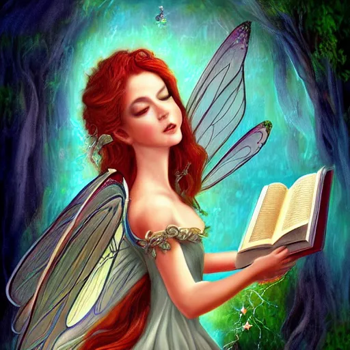 Image similar to a very beautiful fairy with a beautiful detailed face, the fairy hovers above an old opened book, digital painting, fantasy art