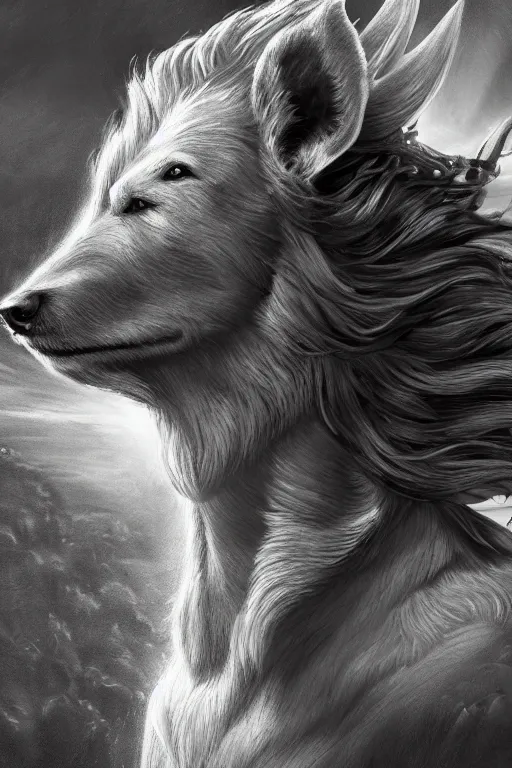 Prompt: a dog as god with a radiant halo, detailed face, gorgeous, amazing, flowing hair, very muscular male body, partial anatomy, stormy and grand war scene, delicate and intricate borders for decoration, caesar victorious, proud Emperor, crepuscular ray, intricate, highly detailed, 8K, digital painting, fantasy, artstation, concept art, sharp focus, over-shoulder shot, illustration, art by greg rutkowski beeple and alphonse mucha