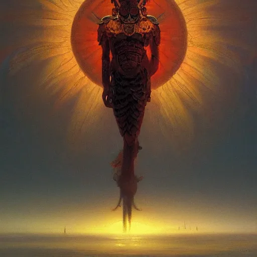 Image similar to painting of a sun god in golden ancient helios armor floating in the red sky, by beksinski, ruan jia, wayne barlowe, adrian smith fantasy art, dark soul art, trending on artstation