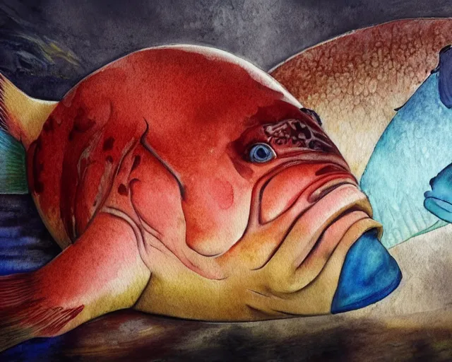 Image similar to an innocent and beautiful scene in hyper realistic style, watercolor and pen oily drawing on wood, of a fat old woman painting a huge colorful fish on the wall, lighting from the barred window. shadows. 4 k. wide angle. wild mood. red mouth, blue eyes. deep focus, lovely scene. ambient occlusion render. unreal engine.