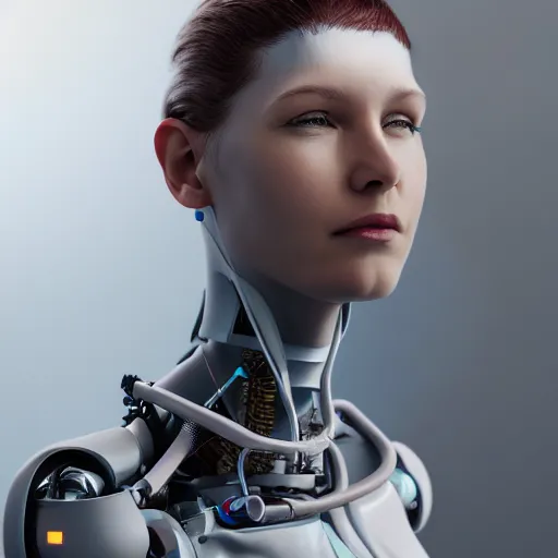 Image similar to a portrait of a female cyborg, fashion, streak lights, ligjt trail, color gel, photogtaphy, photorealistic, canon r 5, wide angle, 3 d rendered, maya