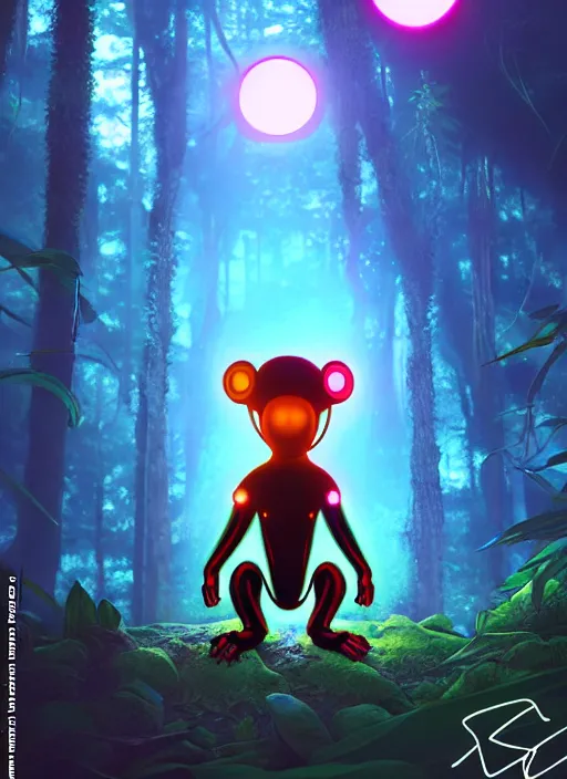 Prompt: cyber monkey in the scifi forest, in style james jean, ilya kuvshinov, hot colors, global illumination ray tracing hdr radiating a glowing aura