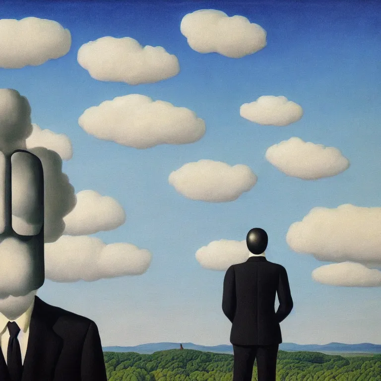 Prompt: portrait of a faceless reflective chrome - head man in a suit and black gloves, clouds and nature landscape in the background, by rene magritte, detailed painting, distance, centered, hd, hq, high resolution, high detail, 4 k, 8 k