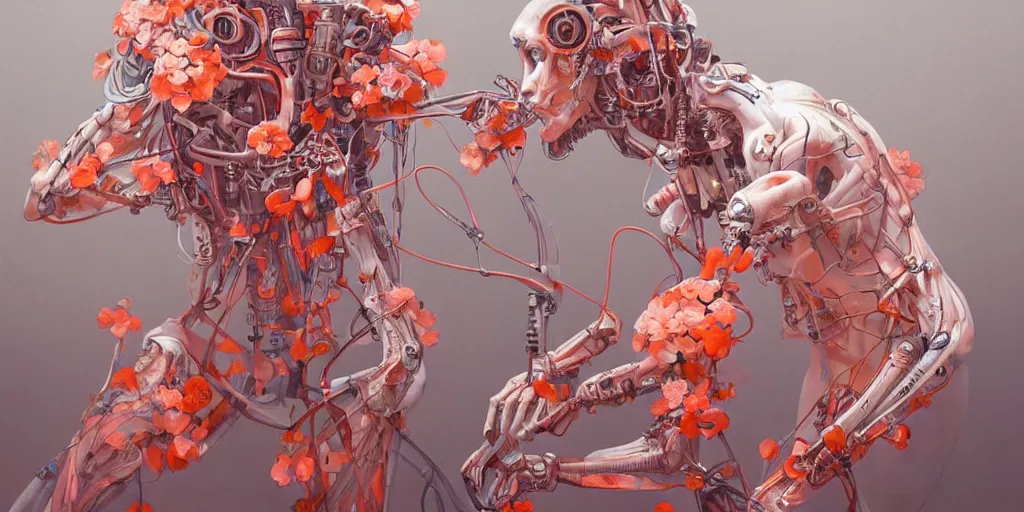 Image similar to hyperrealistic photography of a slender cyborg crafting a machine that breeds orange and pink flowers in the style of Jin Kagetsu, James Jean and wlop, highly detailed, masterpiece, award-winning, sharp focus, intricate concept art, ambient lighting, 8k, artstation