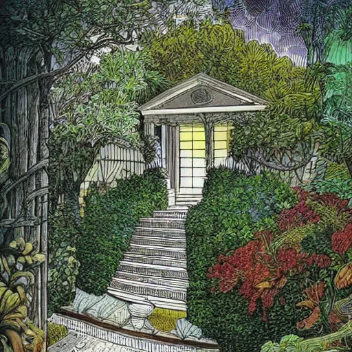 Image similar to old white house small stairs into lush garden, drawing moebius