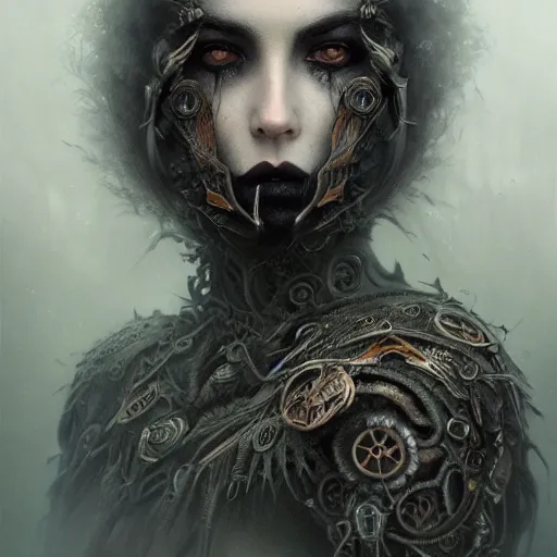 Image similar to curiosities soft paint portrait of a single beautiful warrior in full gothic armor, stunning photorealist eyes, symmetry accurate features, eyeballs, vegetation tentacles, dense volumetric fog, focus, very intricate ultrafine details, gloomy colors, award winning masterpiece, tom bagshaw artstyle