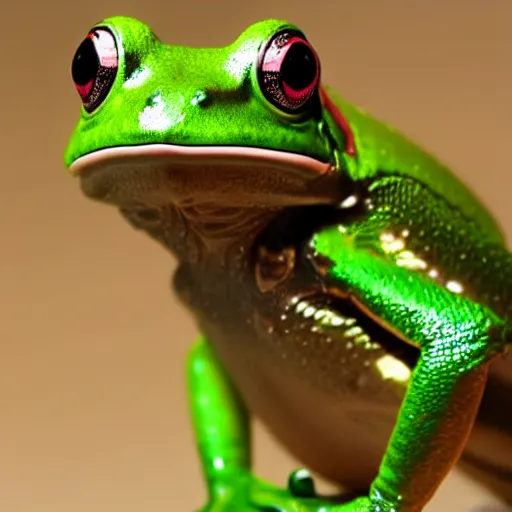 Prompt: a metallic biomechanical green tree frog, shiny, glowing eyes