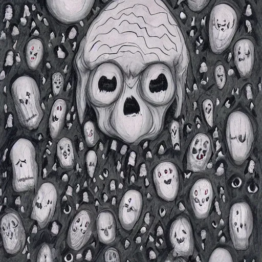 Image similar to a dark storm cloud made out of hundreds of sad ghostly faces. berserk. lovecraftian. painting.