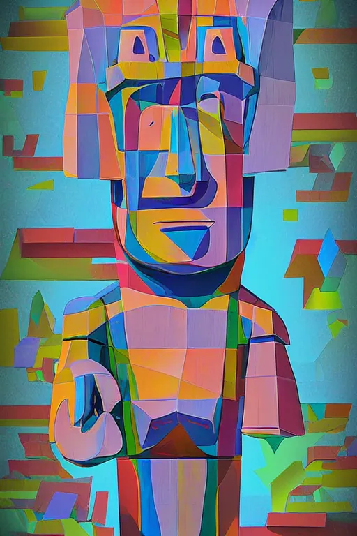 Image similar to cubist moai statue cutout digital illustration cartoon colorful beeple