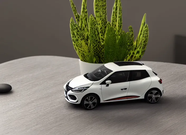 Image similar to a small miniature of a Renault Clio on a white table near a book and a vase with a plant, 3d render, octane render, unreal engine 5, path tracing, serene landscape, calm, relaxing, beautiful landscape, highly detailed, high quality, 4k, symmetrical, low contrast