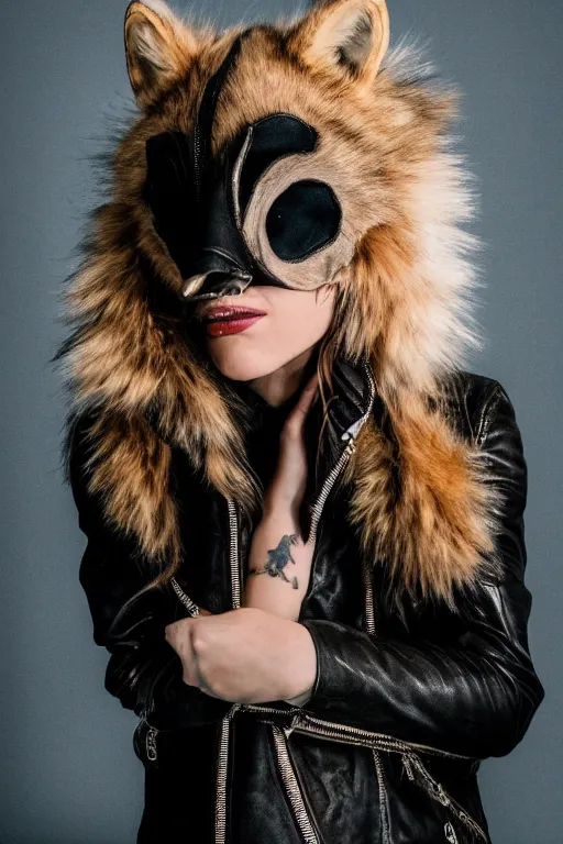 Prompt: photographic portrait of a punk girl in a leather jacket wearing a wolf's head over her face, fashion shoot, cool girl with wolf on her head