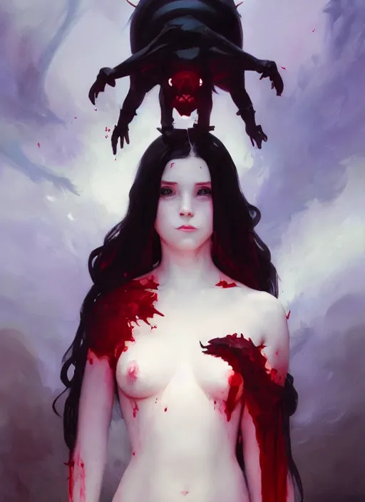 Prompt: portrait of a cute goth girl making a blood sacrifice, painting by sargent and leyendecker, studio ghibli, fantasy, medium shot, asymmetrical, intricate, elegant, matte painting, hearthstone, crimson gradient, by greg rutkowski and greg tocchini and james gilleard and joe fenton and greg manchess