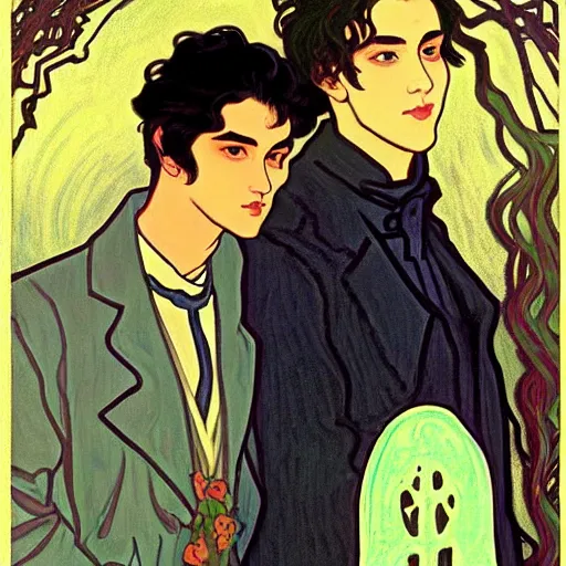 Image similar to painting of young cute handsome beautiful dark medium wavy hair man in his 2 0 s named shadow taehyung and cute handsome beautiful min - jun together at the graveyard party, ghostly, haunted gravestones, ghosts, autumn! colors, elegant, wearing suits!, clothes!, stylish, delicate facial features, art by alphonse mucha, vincent van gogh, egon schiele