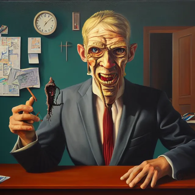 Prompt: an oil on canvas portrait painting of a business man in the office, polycount, surrealism, surrealist, lovecraftian, cosmic horror, high detail