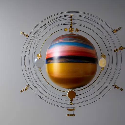 Image similar to a kinetic sculpture of this solar system, sun, mercury, venus, earth, mars, jupiter, saturn, uranus, neptune, pluto, orrery, canon 5 d 5 0 mm lens, papier - mache, studio, circa 3 0 6 0