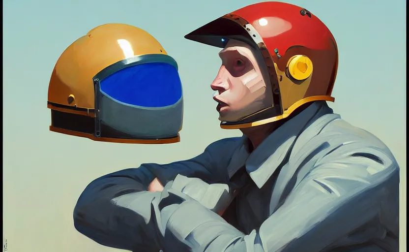 Prompt: Portrait of an engineer with helmet, very coherent, painted by Edward Hopper, painted by James Gilleard, airbrush, art by JamesJean