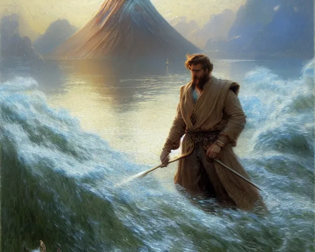 Image similar to attractive male wizard casting powerful giant tsunami spell in a beautiful lake. highly detailed painting by gaston bussiere, craig mullins, j. c. leyendecker 8 k