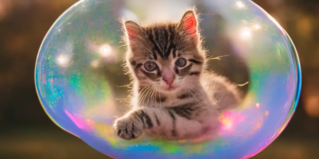 Prompt: an adorable kitten stuck inside of a giant iridescent floating soap bubble, bokeh, golden hour, back yard, golden hour