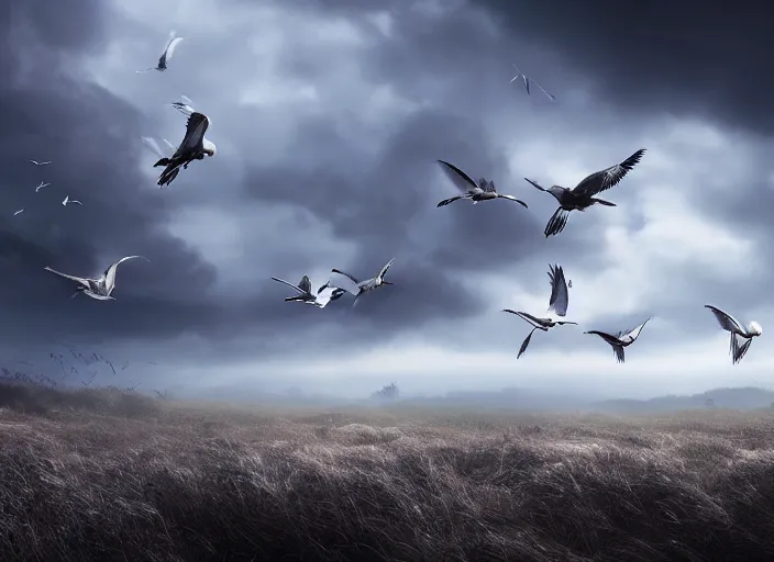 Image similar to independent picture scenery artwork in style by robert svebeck and haruki marakami, rendering of seagulls babies learning to fly, singing on a mystical field, dramatic sky, matte painting, trending on artstation and unreal engine