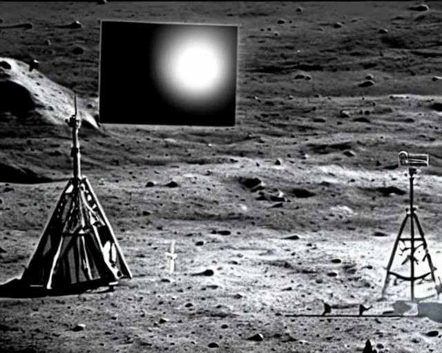 Prompt: a black and white photo of the moon landing being faked on a sound stage in 1969